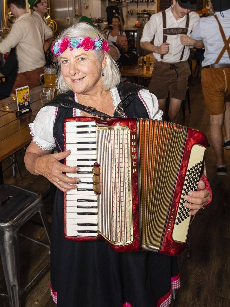 Kay Sullivan playing a German piano accordion for Oktoberfest at The Brewhouse, Saturday, October 22, 2022. Picture: Kevin Farmer