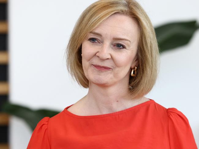 WESTERHAM, ENGLAND - JULY 30: British Foreign Secretary and Conservative leadership candidate Liz Truss speaks to the media at the Conservative Party leadership campaign event at Biggin Hill Airport on July 30, 2022 in Westerham, England. (Photo by Henry Nicholls - Pool/Getty Images)