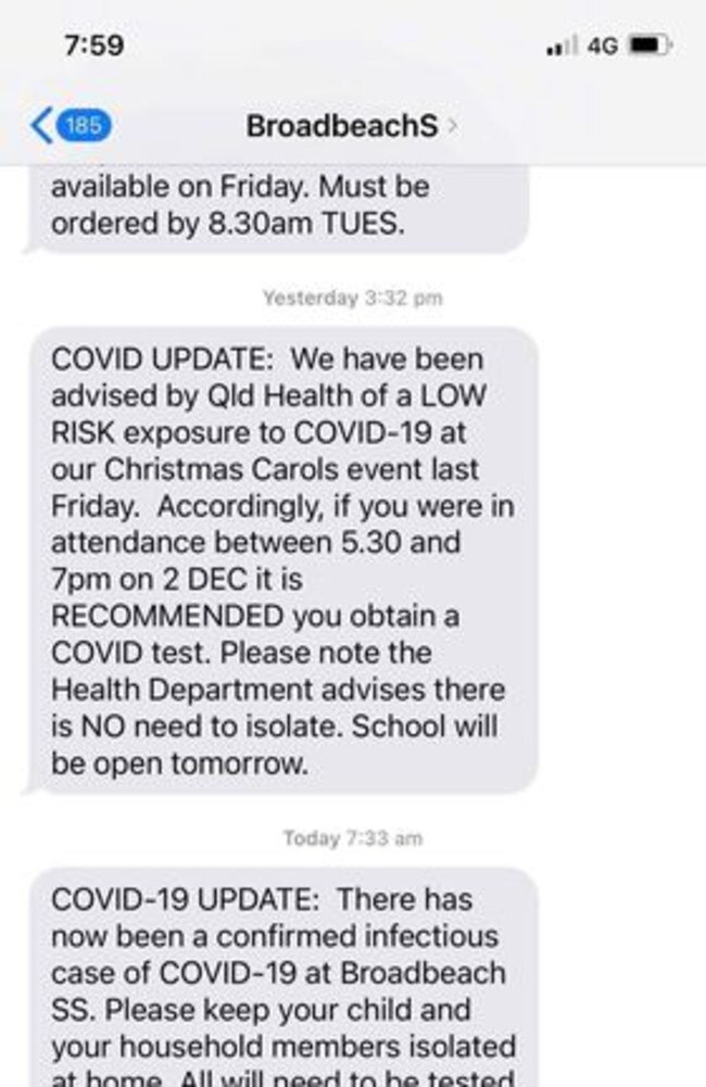 A text sent to parents at Broadbeach State School saying a Covid case had visited the school.