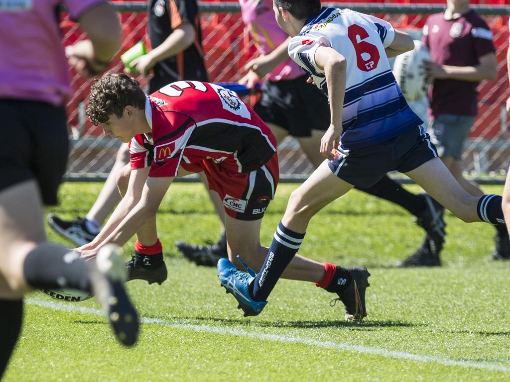 Jack Williams goes over for a Valleys try against Brothers in under-13 boys Toowoomba Junior Rugby League grand final at Clive Berghofer Stadium, Saturday, September 11, 2021. Picture: Kevin Farmer