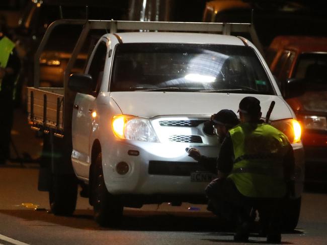 A child has been hit by a car on Pitwater Road near the Corner of Balgowlah Road in Manly this afternoon. Police have set up a crime scene around a white ute. Picture: David Swift