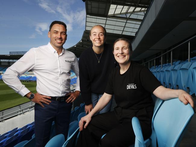 Jesse O'Hara education program manager of Leadership and Support Tasmania Academy of Leadership and Sport, Olympian Maddi Brooks with Kath McCann Executive Director Tasmania Football Club.  Tasmania Football Club announcement of a new education program in partnership with Tasmania JackJumpers, Hobart Hurricanes and Netball Tasmania.  Picture: Nikki Davis-Jones