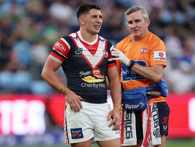 SYDNEY, AUSTRALIA - SEPTEMBER 01: Victor Radley of the Roosters reacts to an injury during the round 26 NRL match between Sydney Roosters and Canberra Raiders at Allianz Stadium, on September 01, 2024, in Sydney, Australia. (Photo by Cameron Spencer/Getty Images)