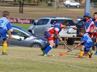 BIG WEEK FOR U13s: Levi Rhodes in possession for Warwick in under-13 boys hockey. Picture: Gerard Walsh