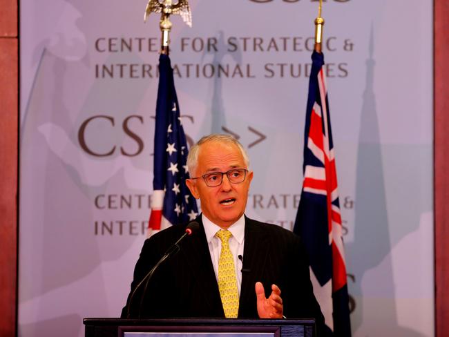 Mr Turnbull delivers his speech at the Centre for Strategic and International Studies in Washington DC. Picture: Nathan Edwards