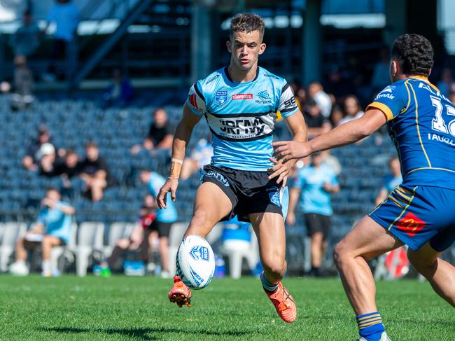 Oliver Lester kicks ahead for Cronulla during last season’s finals. Picture: Thomas Lisson