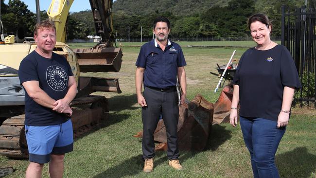 The Trinity Beach Bulldogs Netball Club are finally set to get home courts. Trinity Beach Bulldogs Netball President Martyn Hughes, Thirkell Consulting and Engineering owner George Thirkell and principal project officer Michelle Wild at the site of the new courts, where work is about to commence. PICTURE: BRENDAN RADKE