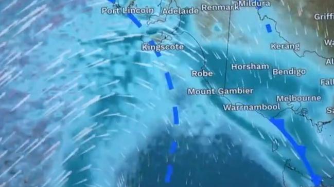 Damaging winds, snow and rain are forecast for south-east Australia, as the severe weather warning remains in place. It comes as snow falls in parts of Queensland. Picture: BOM