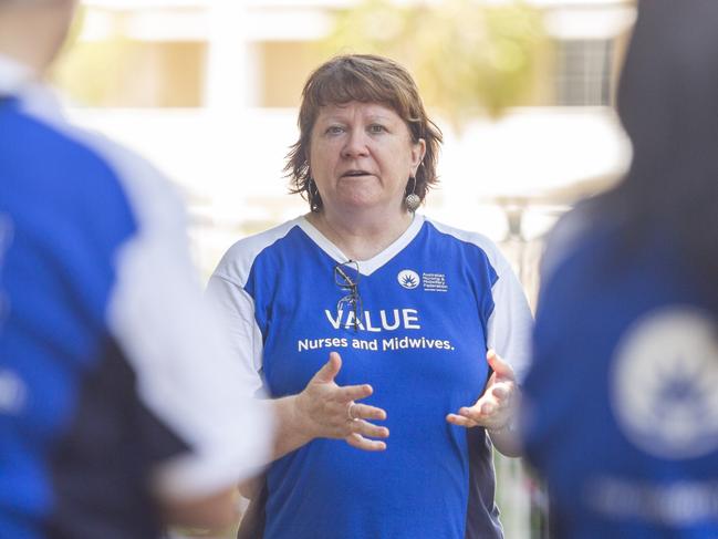 Australian Nursing and Midwifery NT branch secretary Cath Hatcher speaking at a nurses rally in the Darwin CBD on September 1. Picture: Floss Adams