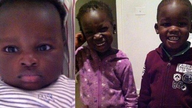 Bol, l, and twins Hanger and Madit, 4, died after they were in crashed into a lake at Wyndham Vale in Melbourne's outer west. Picture: Twitter