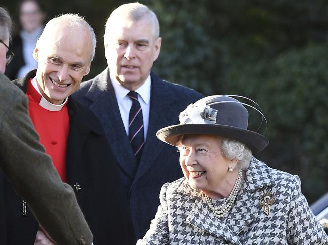 The Queen and Prince Andrew after church. Picture: AP