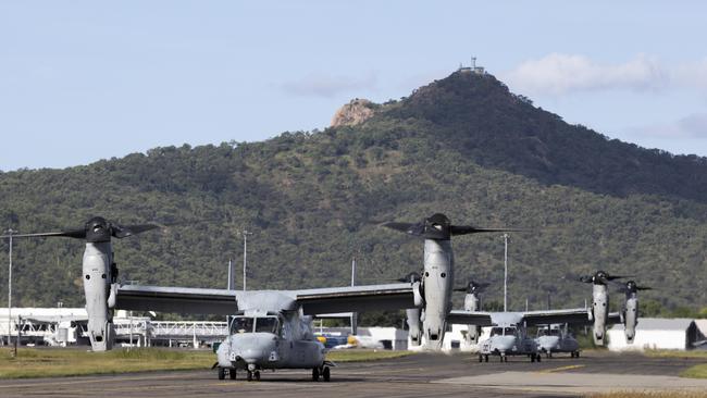United States Marine Corps V-22 Ospreys taxiing towards the 5th Aviation Regiment in preparation for Exercise Southern Jackaroo at RAAF Base Townsville, Queensland, on 06 May 2025. PHOTO: LCPL Caitlyn Davill