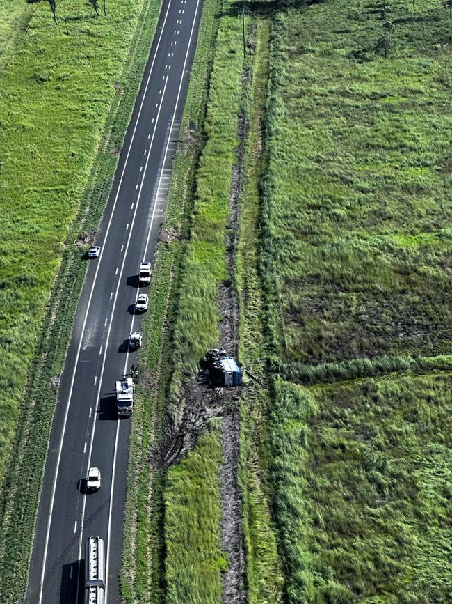 RACQ CQ Rescue fly over the accident which saw a truck hit a pole on the Bruce Highway between Rockhampton and Mackay on the morning of Monday, March 11, 2024.