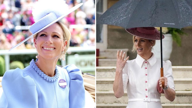 Zara Tindall at Ascot, left, and a Buckingham Palace garden party, right. Pictures: Getty Images