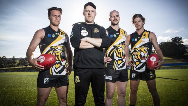 Tigers are ready to roar in 2020. (L-R) Kieran Lovell, coach Trent Baumeler, captain Sam Rice and Lachie Clifford. Picture: LUKE BOWDEN