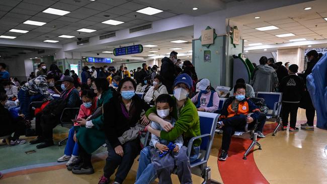 A packed outpatient area at a children’s hospital in Beijing on November 23, 2023, amid the spread of a respiratory illness in the north of the country. Picture: AFP