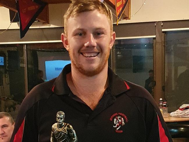 Josh Scott presented with the Jimmy Rankine Memorial Trophy as the best player on the ground for Jervois in Indigenous Round. Picture: Supplied