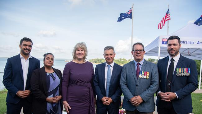 Dheran Young, Ngaree Ah Kit, Chief Minister of Northern Territory Eva Lawler, Assistant Minister for Defence Matt Thistlethwaite, Luke Gosling and Brent Potter. Picture: Pema Tamang Pakhrin