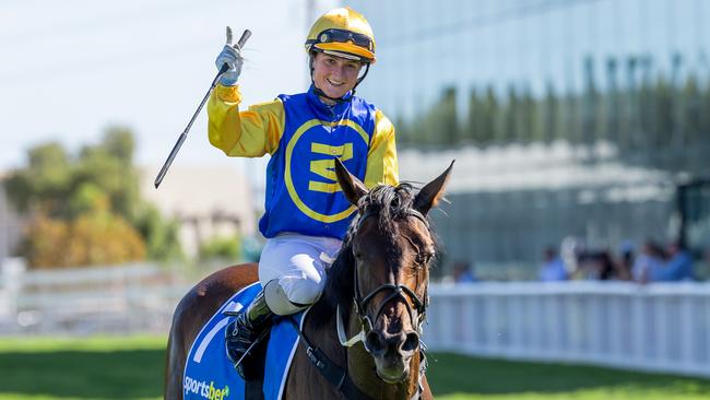 Rochelle Milnes celebrates winning the Adelaide Cup. Picture: Makoto Kaneko