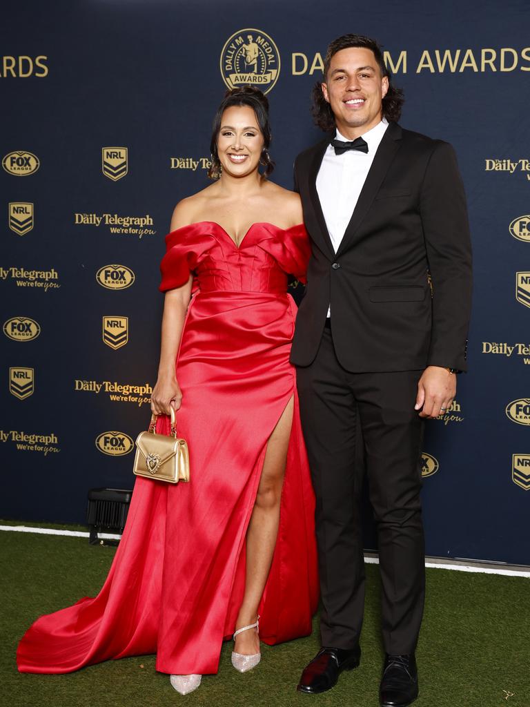 Joseph Tapine and Kirsten Tapine on the red carpet for the 2024 Dally M Awards held at Royal Randwick Racecourse. Picture: Jonathan Ng