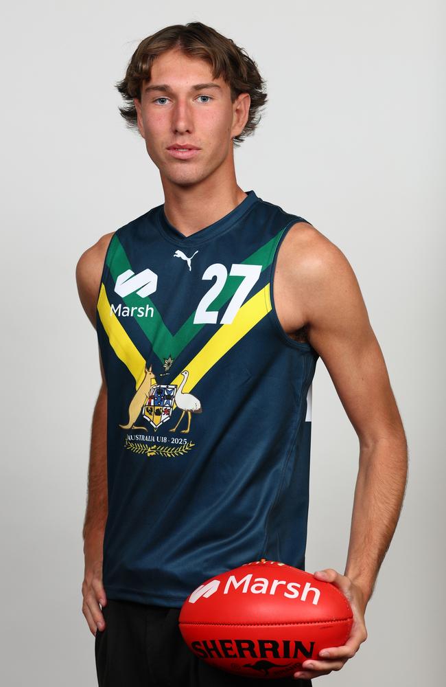 Taj Murray of the AFL National Academy poses during the Marsh AFL National Academy Boys Jumper Presentation at Mercure Albert Park. Picture: Josh Chadwick/AFL Photos/via Getty Images
