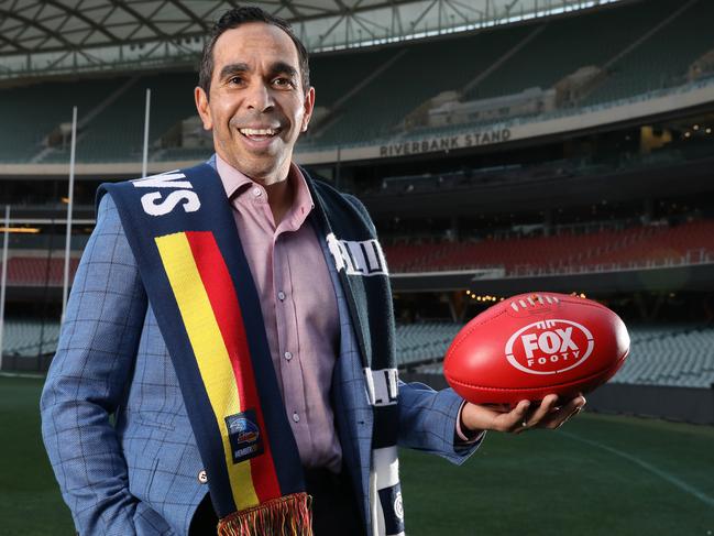 Eddie Betts at Adelaide Oval with Blues and crows scarf ahead of first gather round clash, Adelaide v Carlton on Thursday night. 12 April 2023. Picture Dean Martin