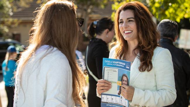 Liberal candidate for Bradfield, Gisele Kapterian, talking to voters in Chatswood. Picture: Julian Andrews