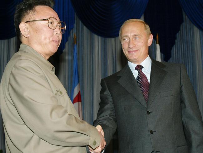 Russian President Vladimir Putin pictured with the North Korean leader Kim Jong-il in 2002. Picture: Alexander Nemenov/AFP