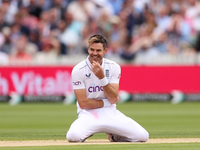 Anderson’s wry smile after dropping a return catch that would have finished the test. Picture: Alex Davidson/Getty Images