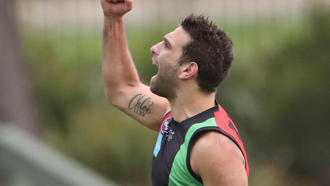 Michael Cardamone celebrates a goal in the 2019 VAFA Division 3 decider. Picture: David Crosling