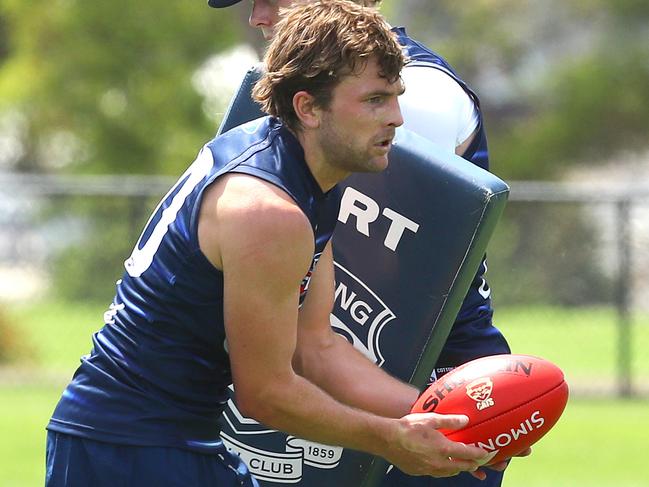 Tom Atkins at the the Geelong Cats first full pre season training session.  Picture: Alison Wynd