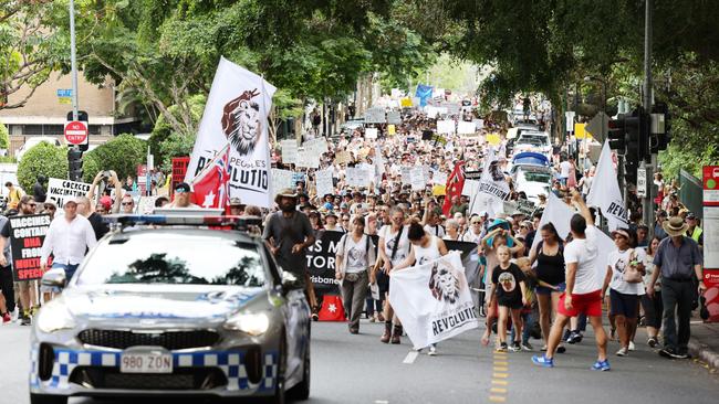 People protested against the coronavirus vaccines at Brisbane Botanical Gardens. Picture: Peter Wallis