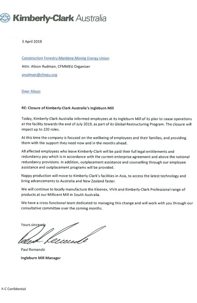 The letter from Kimberley Clark to employees.