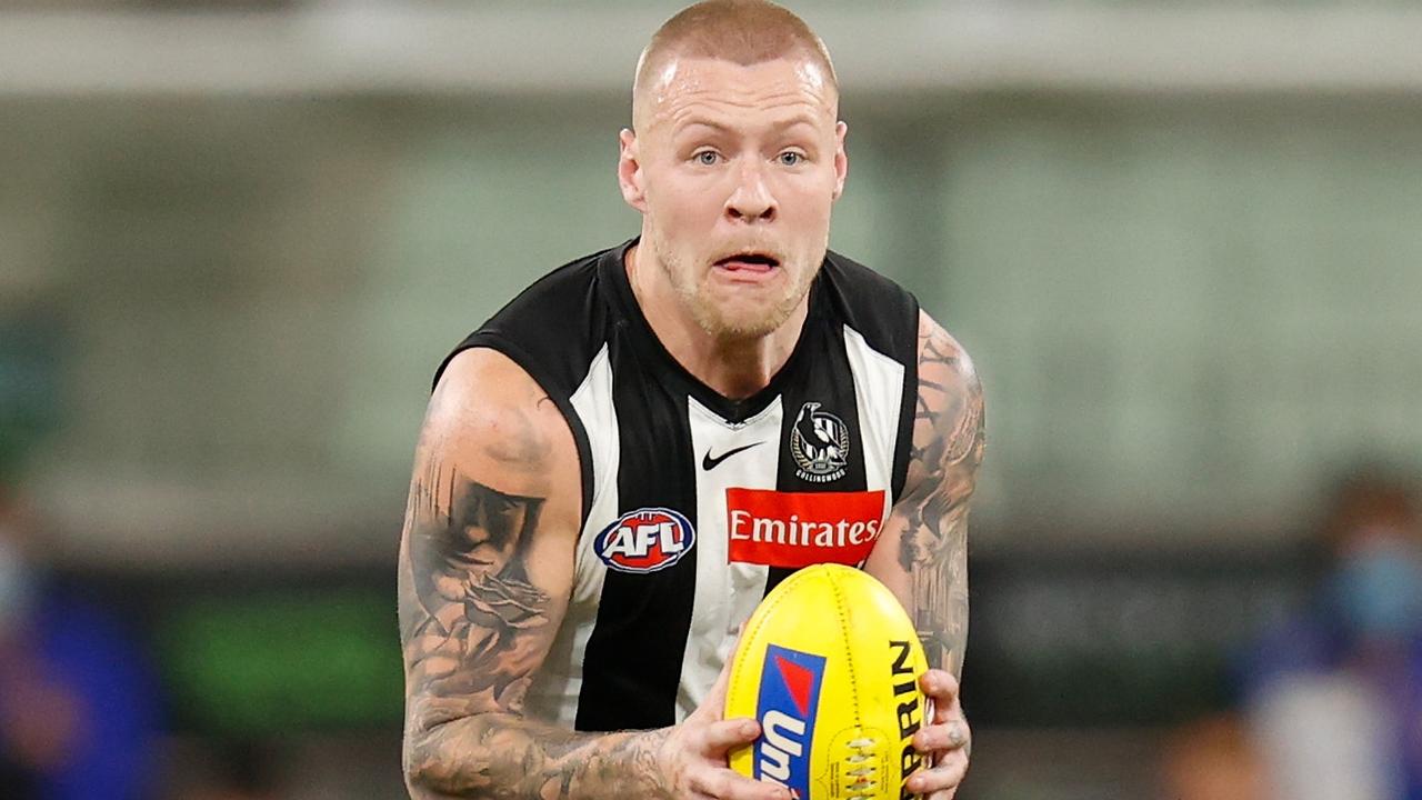 Jordan De Goey of the Magpies in action during the 2021 AFL Round 20 match between the Collingwood Magpies and the West Coast Eagles at the Melbourne Cricket Ground on July 31, 2021 in Melbourne, Australia. (Photo by Michael Willson/AFL Photos via Getty Images)