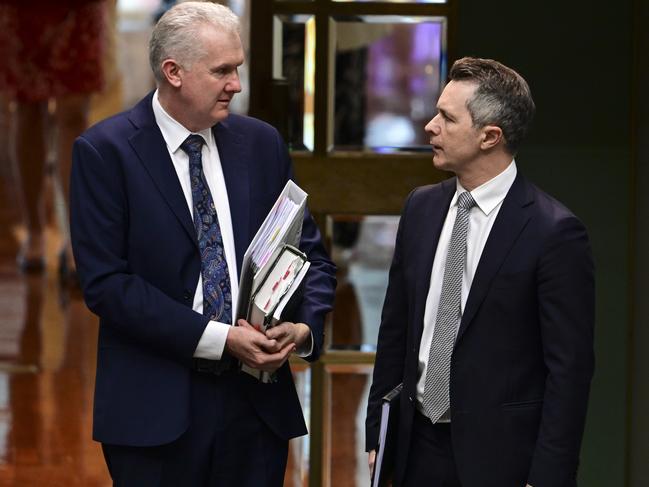 CANBERRA, Australia - NewsWire Photos - June 24, 2024:  Leader of the House, Employment and Workplace Relations and Arts Tony Burke and Minister for Education, Jason Clare during Question Time at Parliament House in Canberra. Picture: NewsWire / Martin Ollman