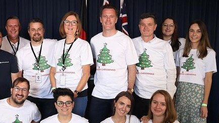 Chris Minns (centre) with his staff at their Christmas party at Parliament House this week.