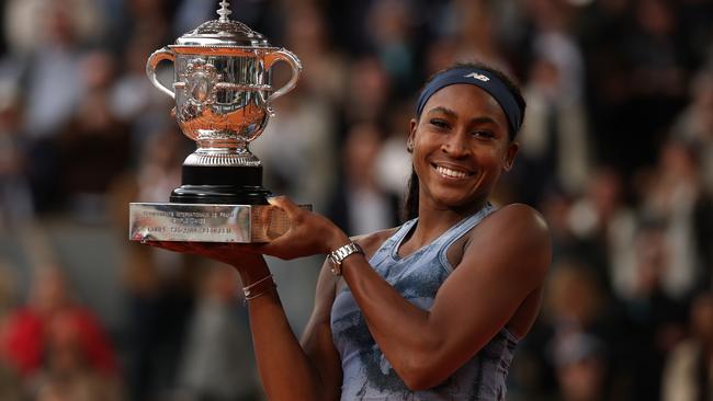 French Open women’s champion Coco Gauff lifts the Coupe Suzanne Lenglen trophy. Picture: Getty Images