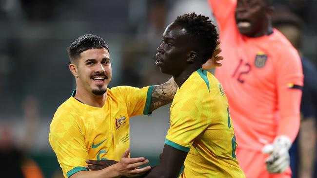 Exciting forward Garang Kuol has been picked but Marco Tilio (left) is set to miss the Olyroos’ Paris qualifying bid with a hamstring tendon injury. Picture: Mark Kolbe / Getty Images