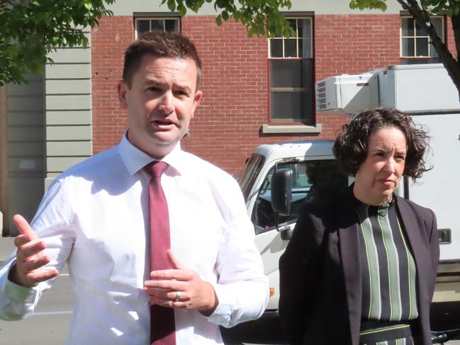 Labor leader MP Dean Winter and CPSU chief Thirza White speak to the media about budget cuts in Liverpool Street Hobart on Wednesday, February 5, 2025.