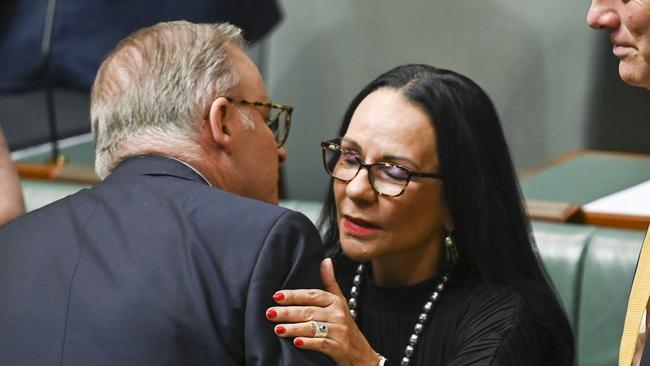 CANBERRA, AUSTRALIA, Newswire Photos. MAY 25, 2023: Minister for Indigenous Australians, Linda Burney congratulates Anthony Albanese after he spoke to the constitutional amenment legislation in the House of Representatives at Parliament House in Canberra. Picture: NCA NewsWire / Martin Ollman