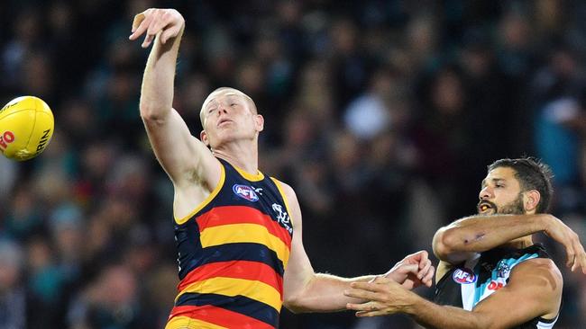 GRAND DUEL. Port Adelaide ruckman Patrick Ryder, right, was inspired to play a dominant role in Showdown 44 after feeling the pain of losing the duel with Crows ruckman Sam Jacobs in the previous derby. Picture: David Mariuz