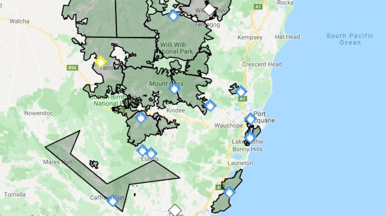 The fires around Port Macquarie as at 1.30pm on Friday, November 22. Picture: NSW RFS