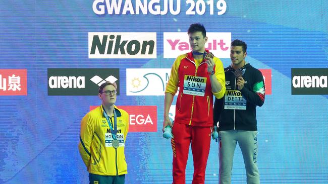 Mack Horton’s protest after Sun Yang’s gold medal in Gwangju. Picture: Maddie Meyer/Getty Images