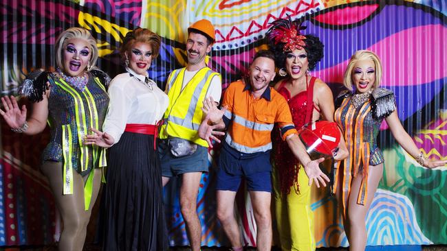 Darwin Festival Artistic Director Felix Preval and then-acting chief executive James Gough with Drag Territory Divas in Festival Park.