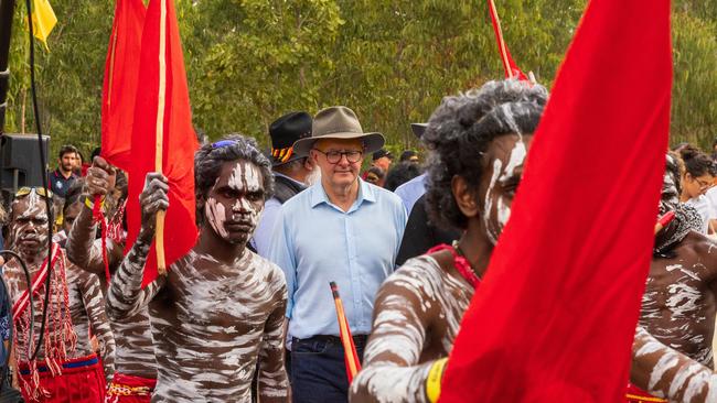 Anthony Albanese with Yolngu men during Garma Festival 2022.