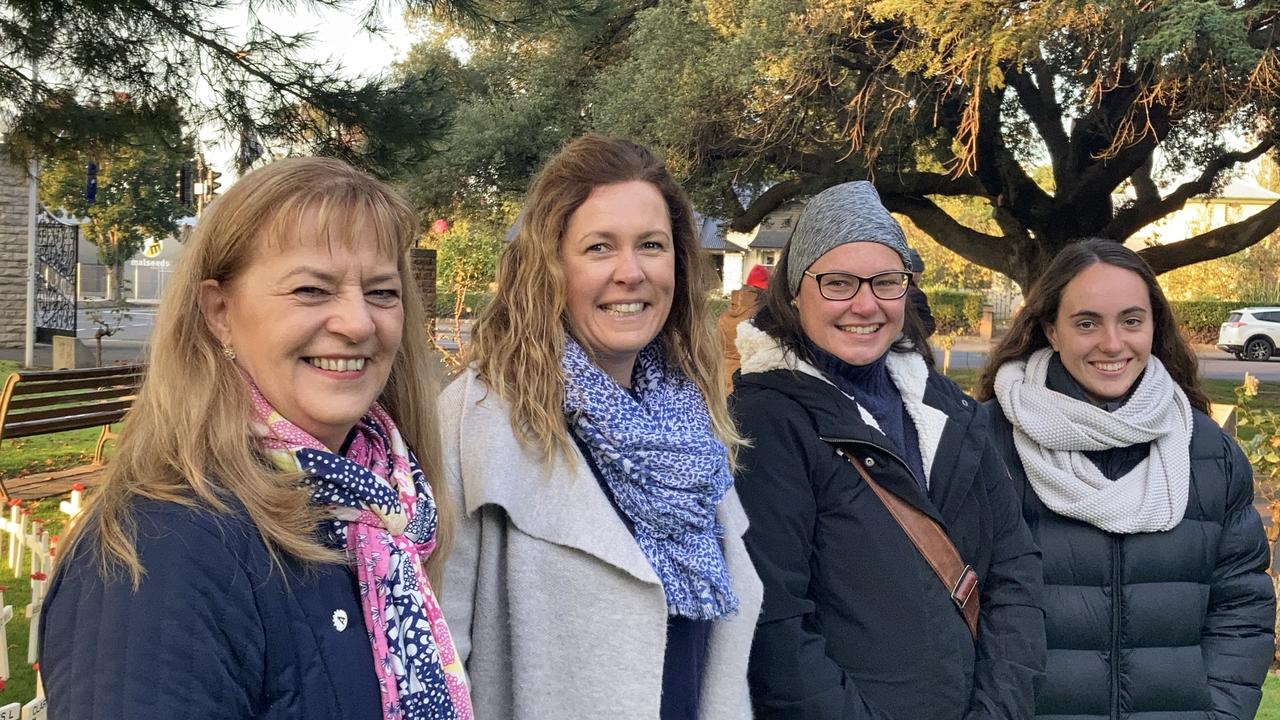 Mount Gambier Anzac Day 2022. Cr Sonya Mezinec with Taryn Mutton, Amy Turnbull, Kian Connolly. Picture: Arj Ganesan