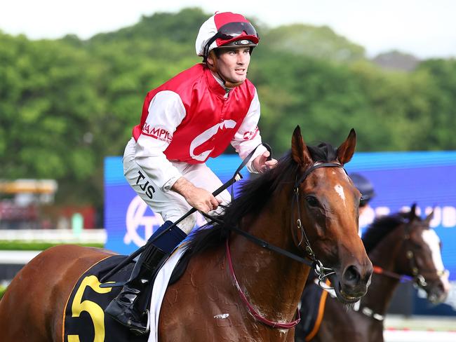 SYDNEY, AUSTRALIA - DECEMBER 26: Tyler Schiller riding Lion's Roar wins Race 7 Schweppes Summer Cup during Sydney Racing at Royal Randwick Racecourse on December 26, 2023 in Sydney, Australia. (Photo by Jeremy Ng/Getty Images)