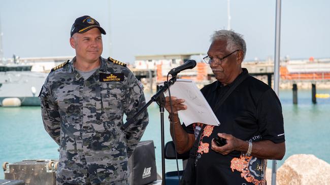 Welcome to country by Ronald Quall and Commanding Officer Captain David Shirvington at the first HMAS Coonawarra open day in seven years. Picture: Pema Tamang Pakhrin