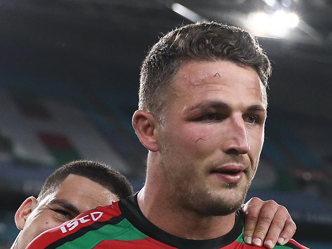 SYDNEY, AUSTRALIA - SEPTEMBER 20: Sam Burgess and Cody Walker of the Rabbitohs celebrate victory during the NRL Semi Final match between the South Sydney Rabbitohs and the Manly Sea Eagles at ANZ Stadium on September 20, 2019 in Sydney, Australia. (Photo by Mark Metcalfe/Getty Images)