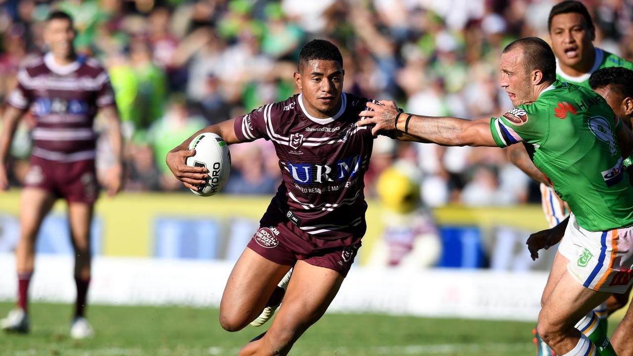 Manase Fainu of the Sea Eagles during the Round 7 NRL match between Manly and the Canberra Raiders in 2019. (AAP Image/Joel Carrett)